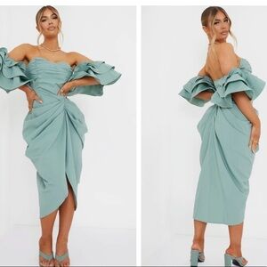 PrettyLittleThing Sage Green Off-Shoulder Midi Dress